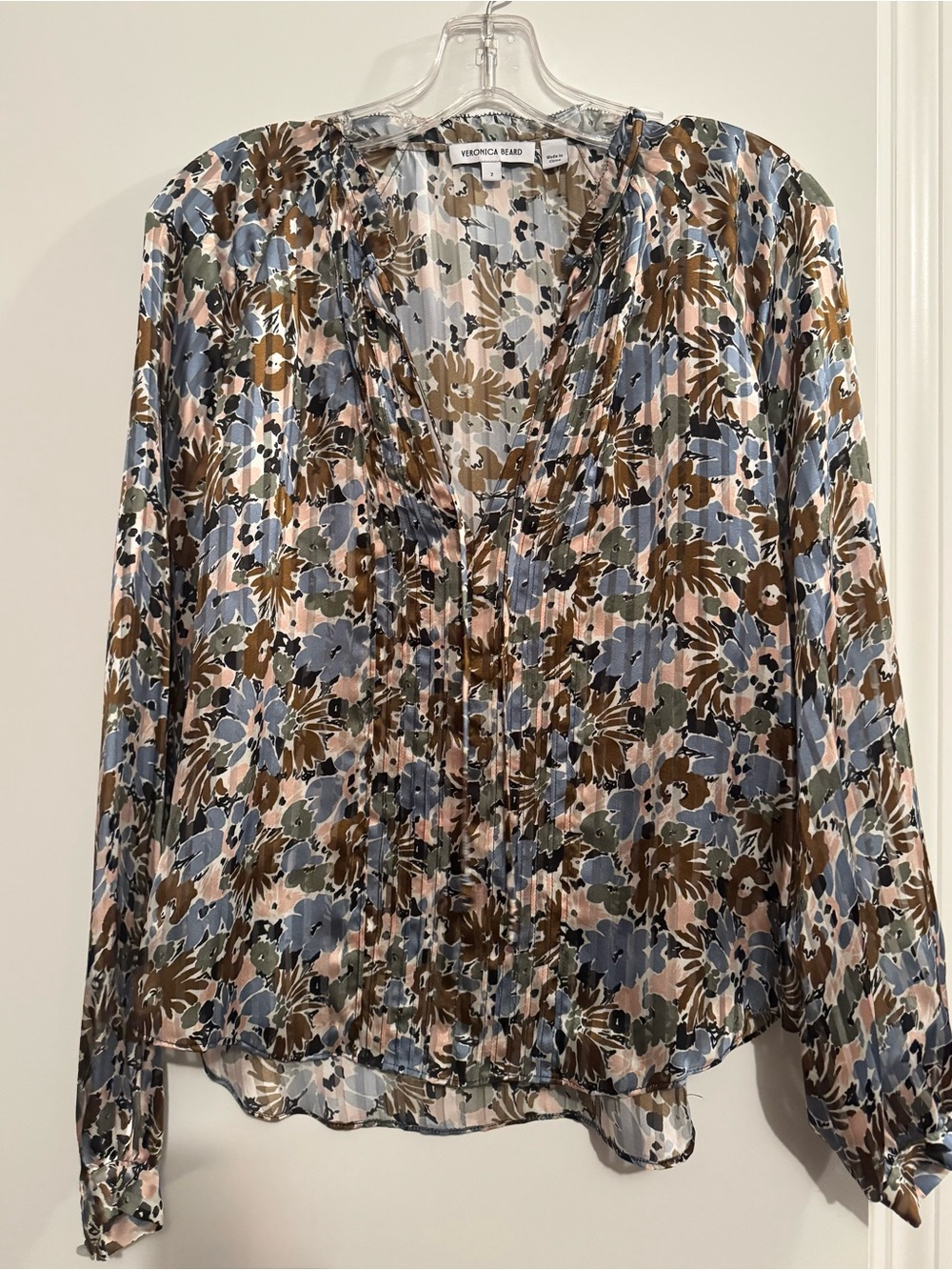 Veronica Beard Never Worn Blue Brown Floral Pintuck V-Neck Blouse